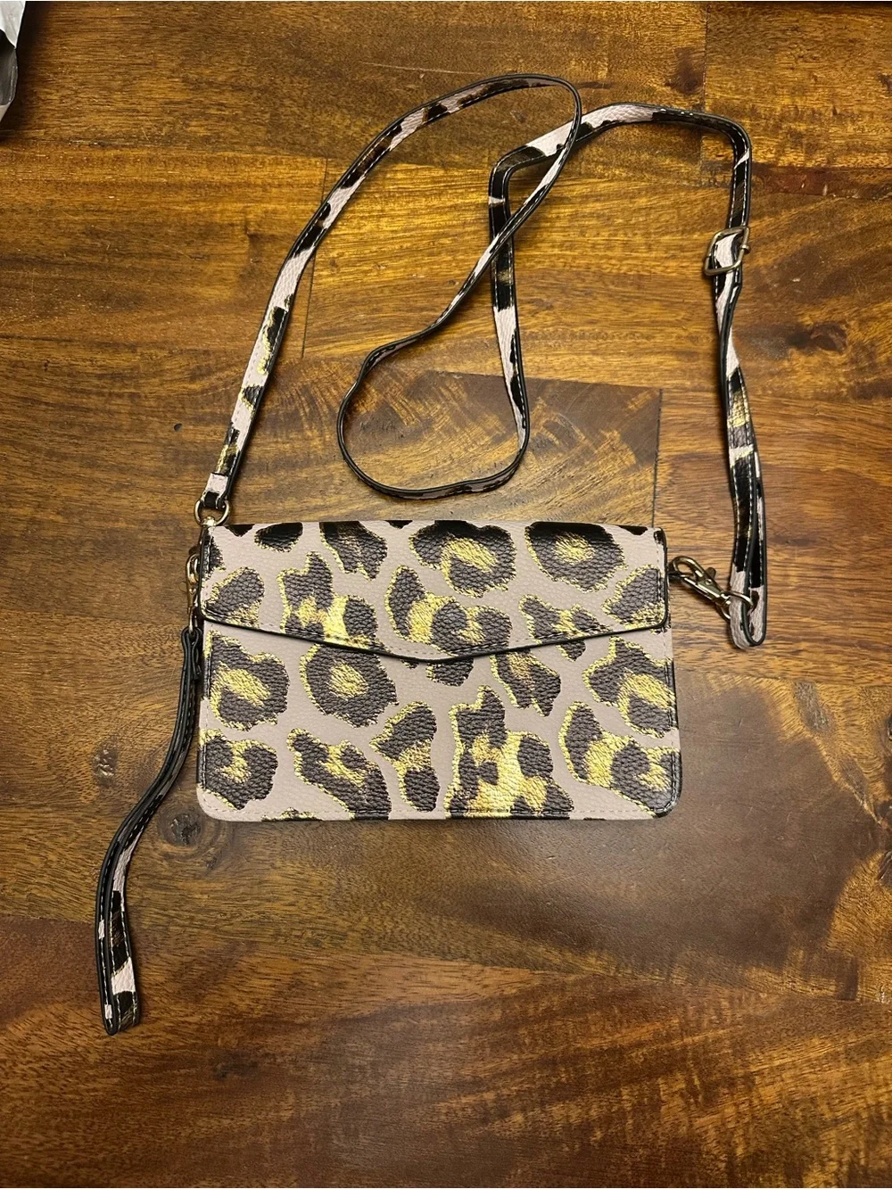 Leopard Print Crossbody Clutch - Taupe with Black & gold Accents